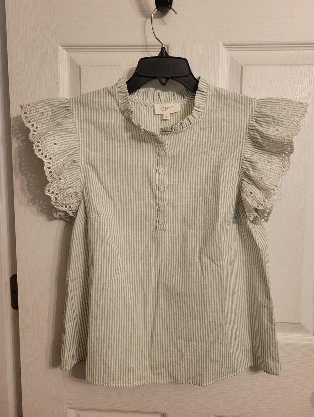 NWOT ODDI Light Green & White Striped Ruffle-Neck Top